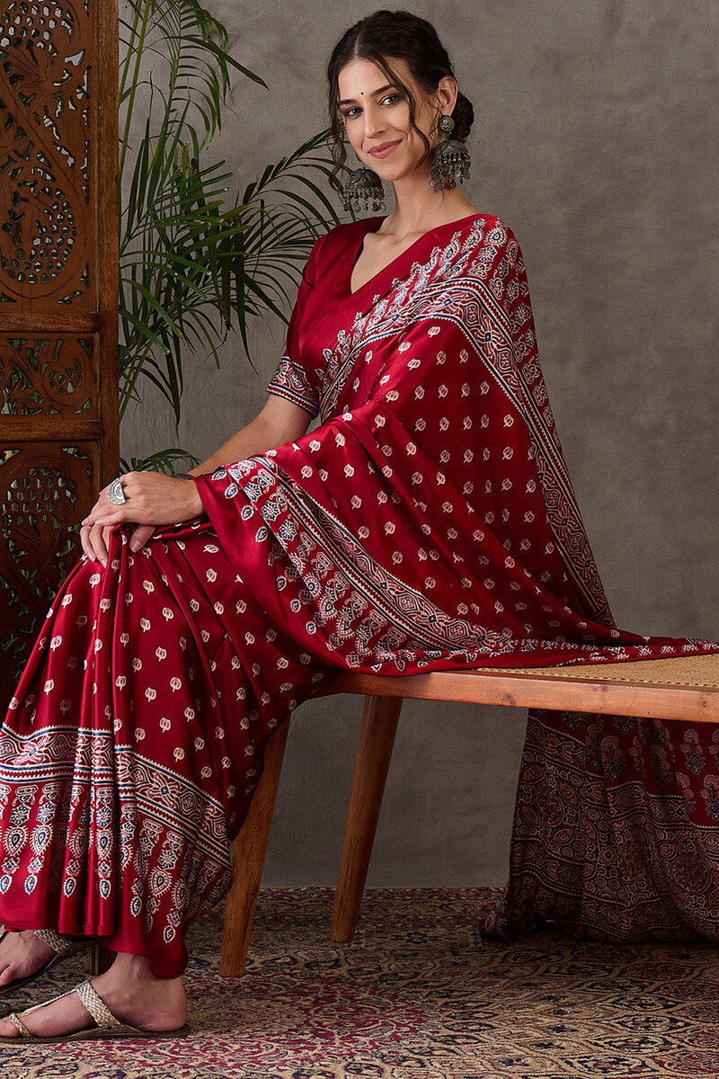 Imperial Maroon Ajrakh Printed Satin Silk Saree