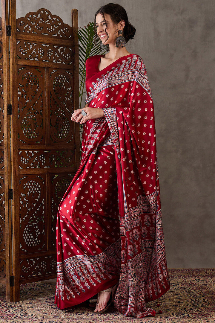 Imperial Maroon Ajrakh Printed Satin Silk Saree