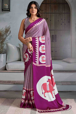 Imperial Wine Ajrakh Printed Satin Crepe Silk Saree