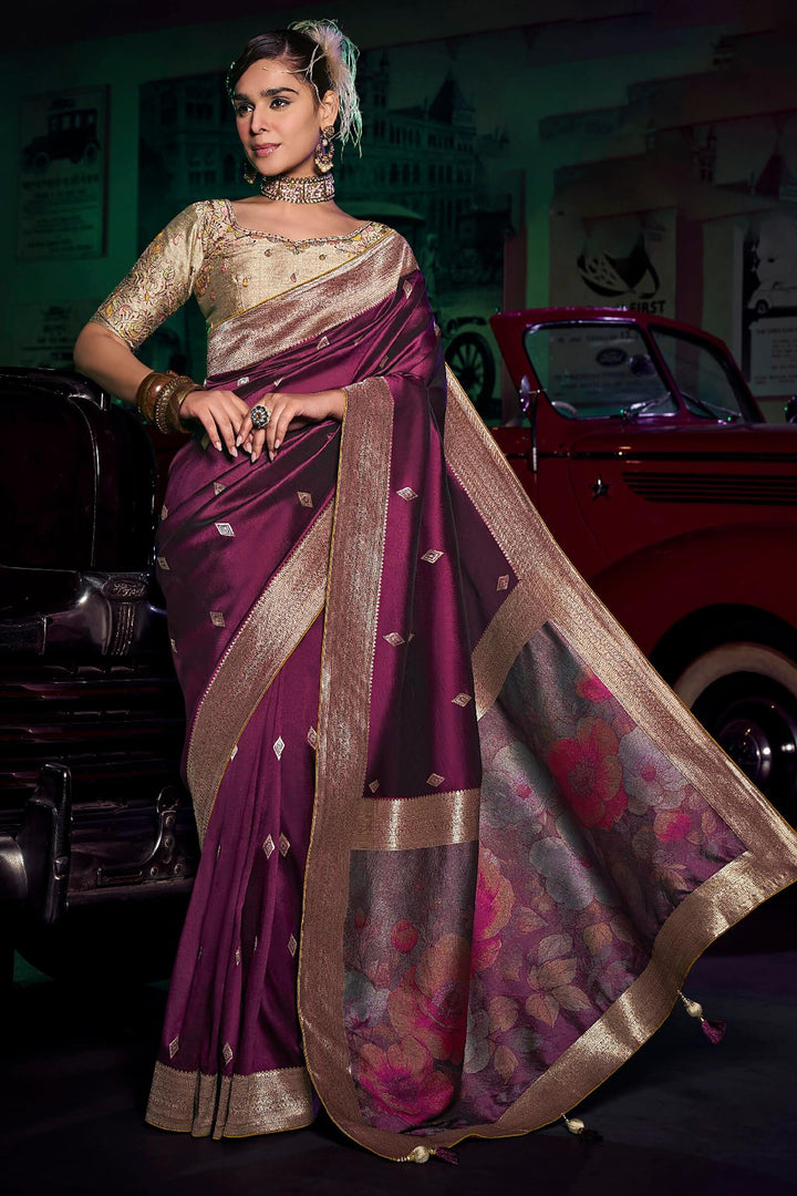 Imperial Wine Banarasi Pure Silk Saree with Designer Embroidery Blouse Piece