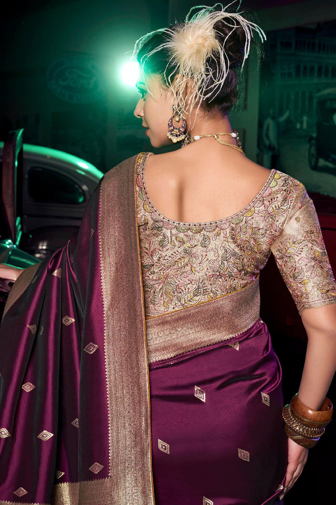 Imperial Wine Banarasi Pure Silk Saree with Designer Embroidery Blouse Piece