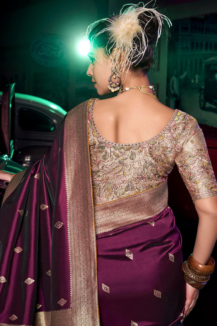 Imperial Wine Banarasi Pure Silk Saree with Designer Embroidery Blouse Piece