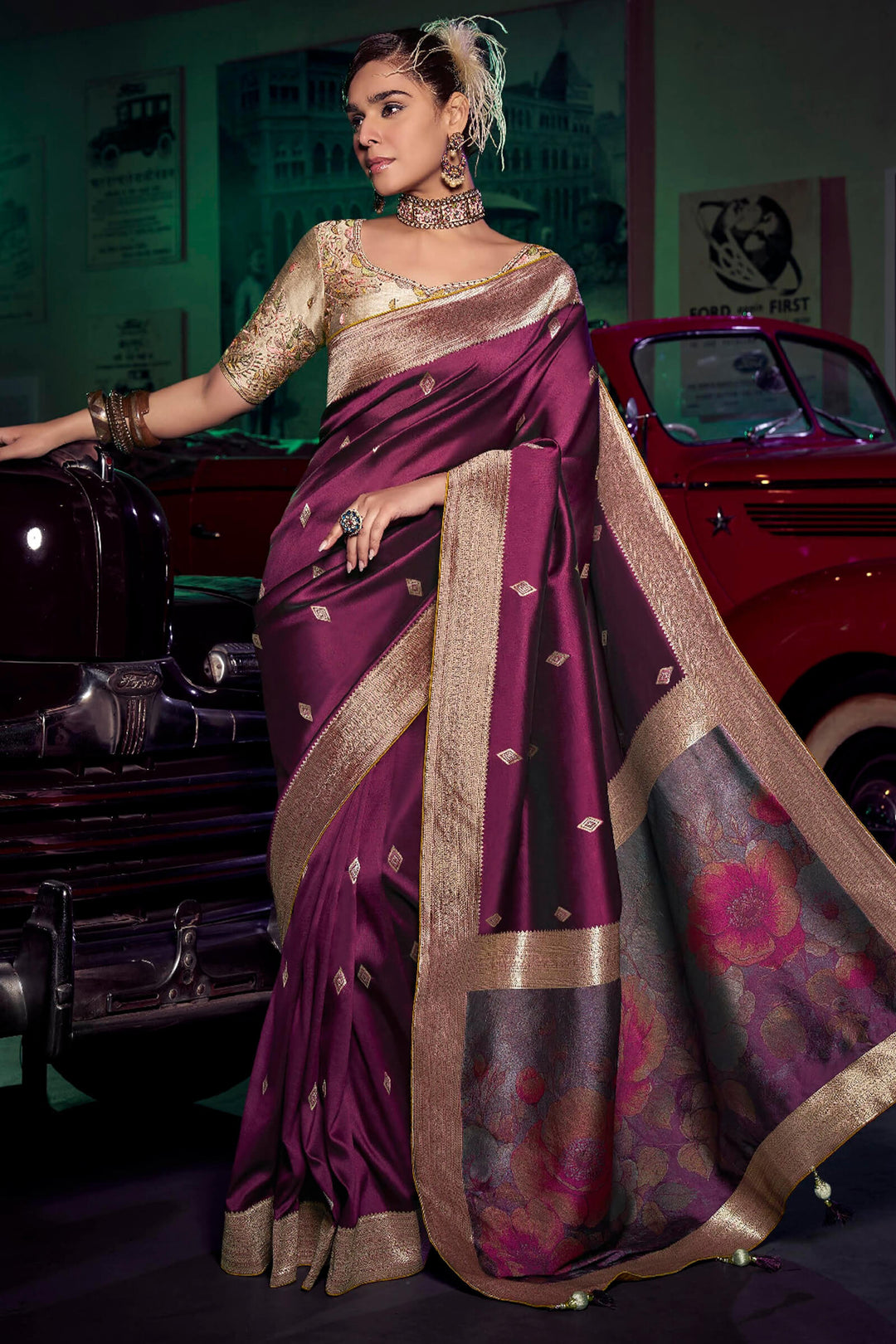 Imperial Wine Banarasi Pure Silk Saree with Designer Embroidery Blouse Piece