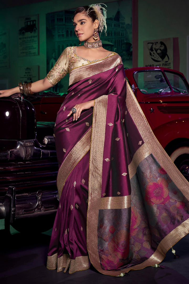 Imperial Wine Banarasi Pure Silk Saree with Designer Embroidery Blouse Piece