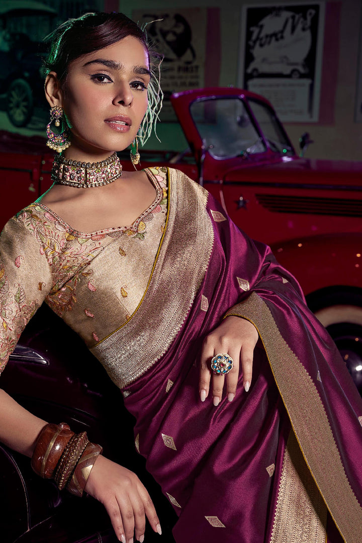 Imperial Wine Banarasi Pure Silk Saree with Designer Embroidery Blouse Piece