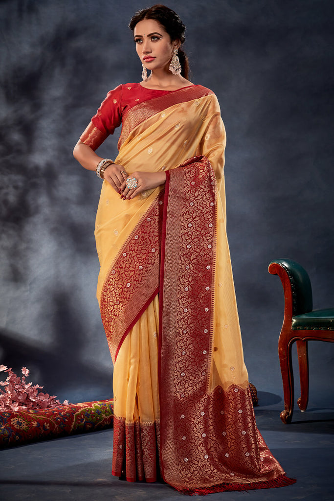 Indian Yellow and Red Organza Silk Saree