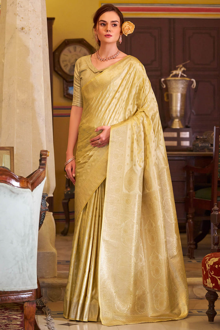 Indian Yellow Banarasi Satin Silk Saree
