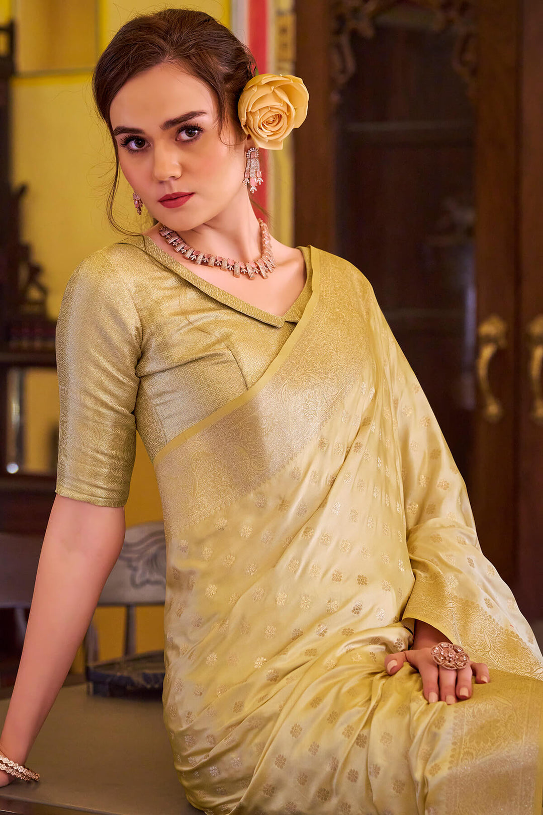 Indian Yellow Banarasi Satin Silk Saree
