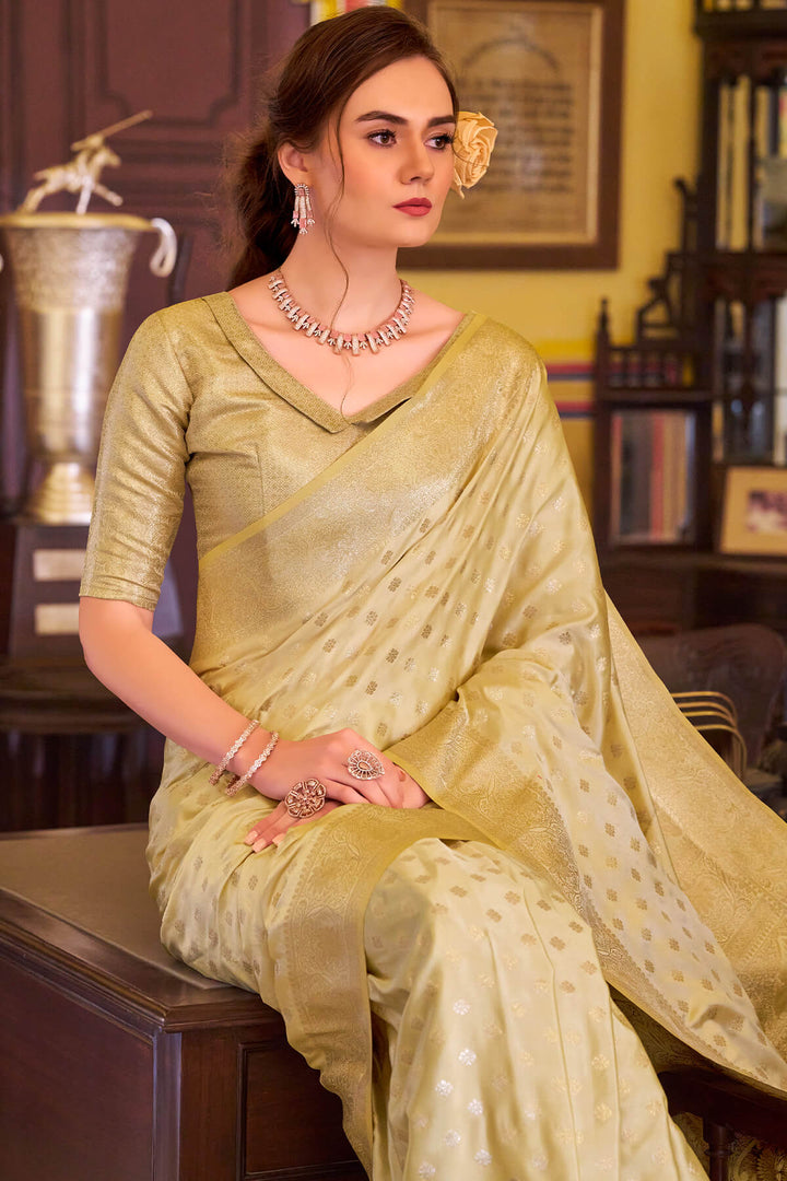 Indian Yellow Banarasi Satin Silk Saree