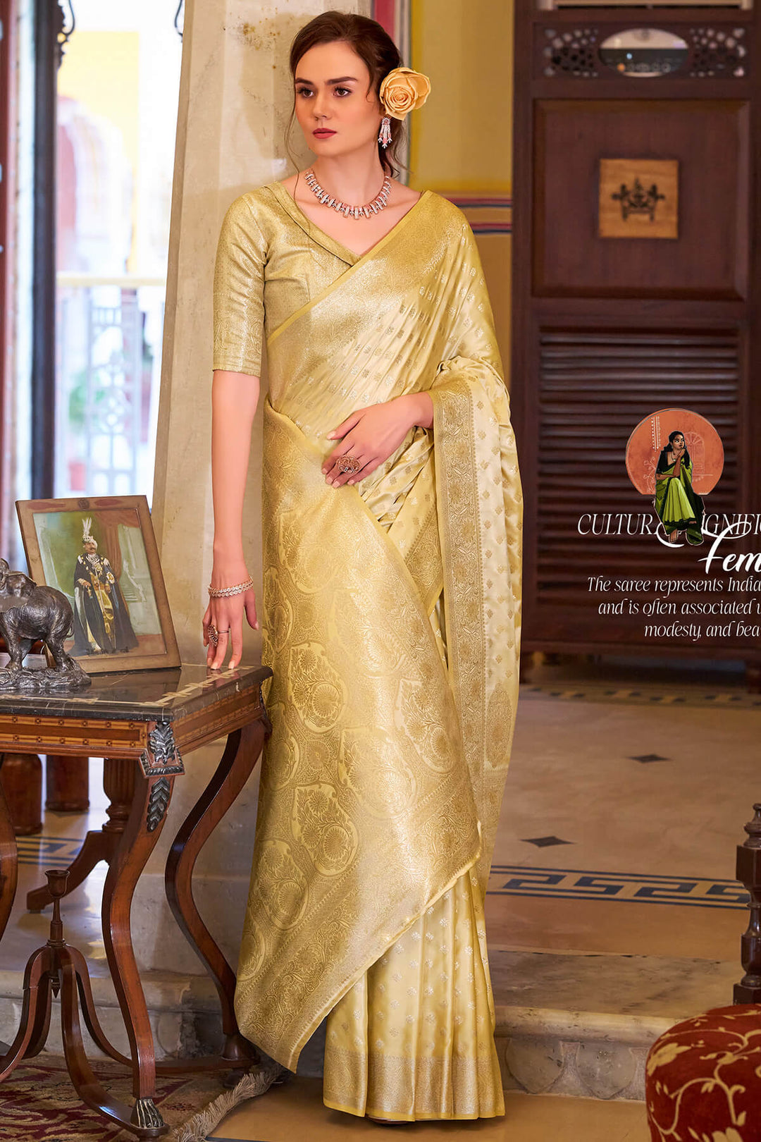 Indian Yellow Banarasi Satin Silk Saree