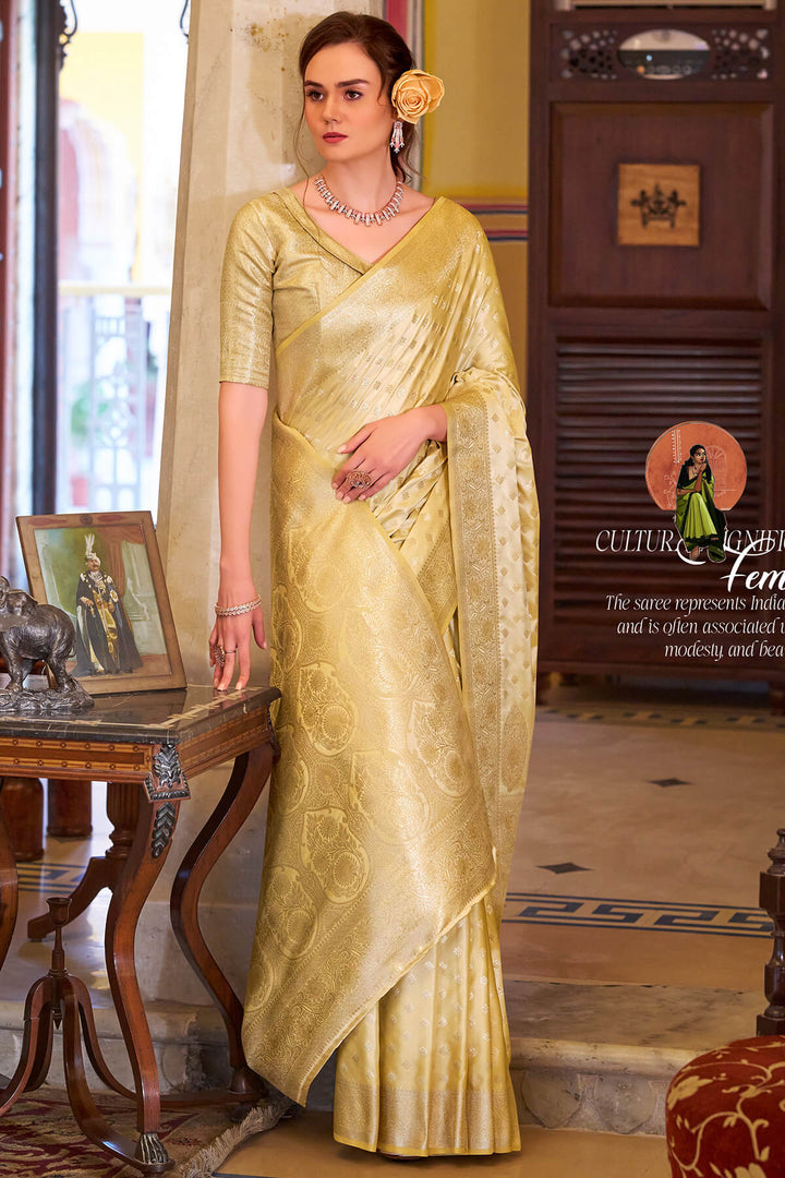 Indian Yellow Banarasi Satin Silk Saree