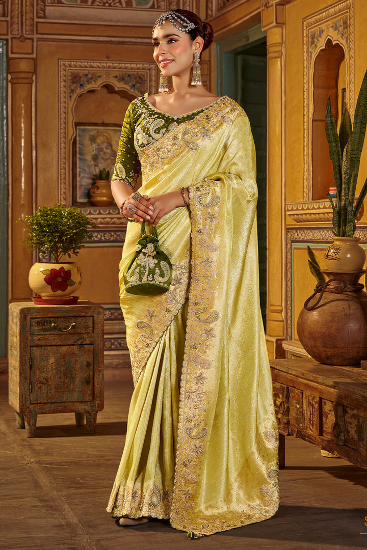 Indian Yellow Hand Work Viscose Saree with Stiched Blouse