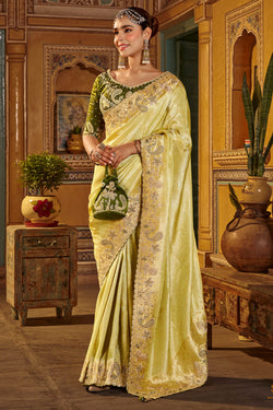 Indian Yellow Hand Work Viscose Saree with Stiched Blouse