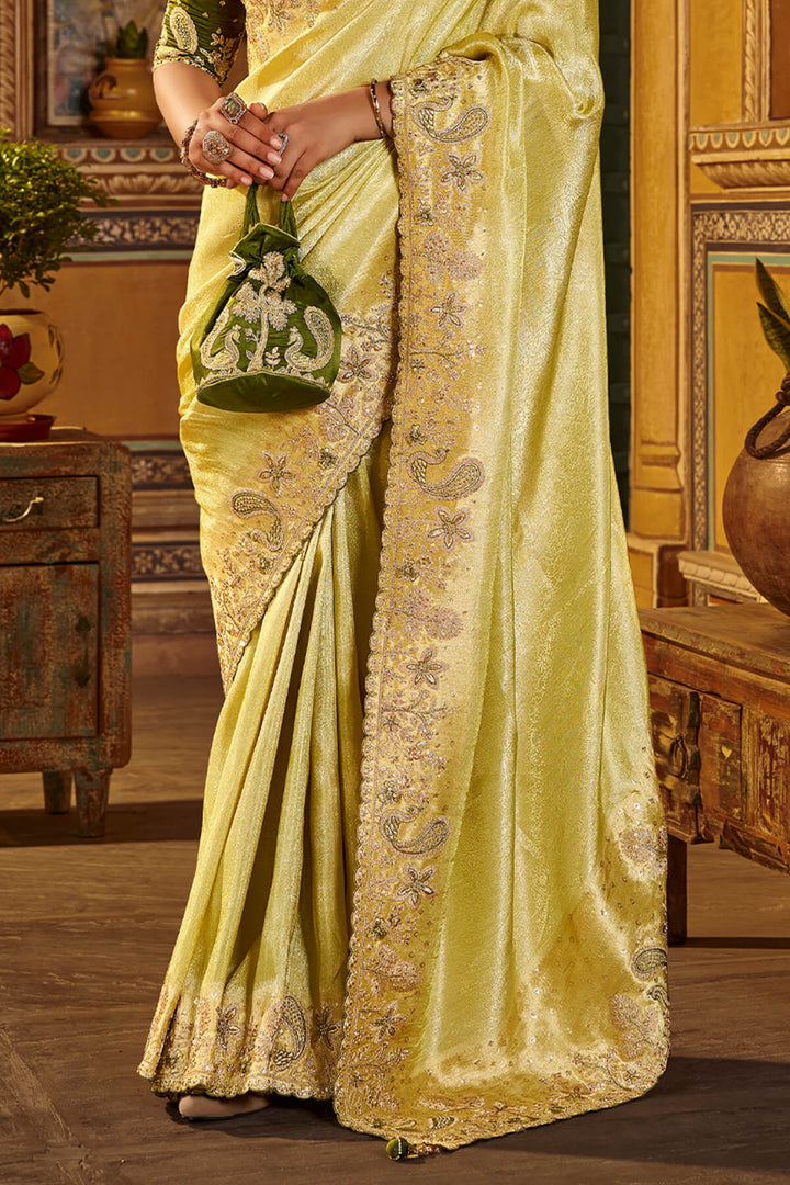 Indian Yellow Hand Work Viscose Saree with Stiched Blouse