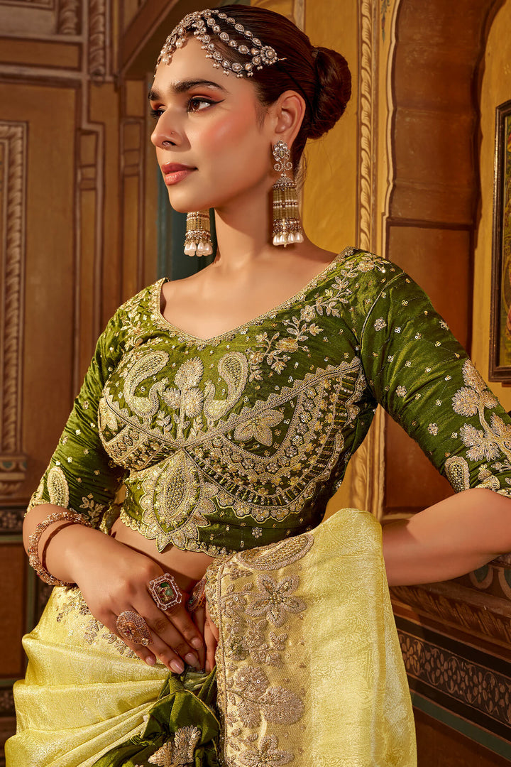 Indian Yellow Hand Work Viscose Saree with Stiched Blouse