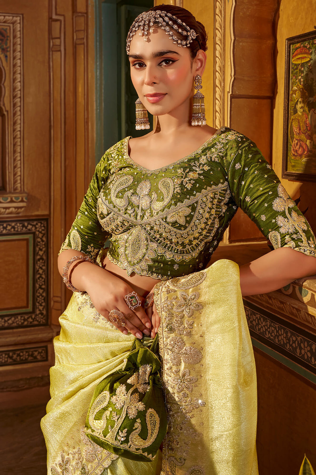 Indian Yellow Hand Work Viscose Saree with Stiched Blouse