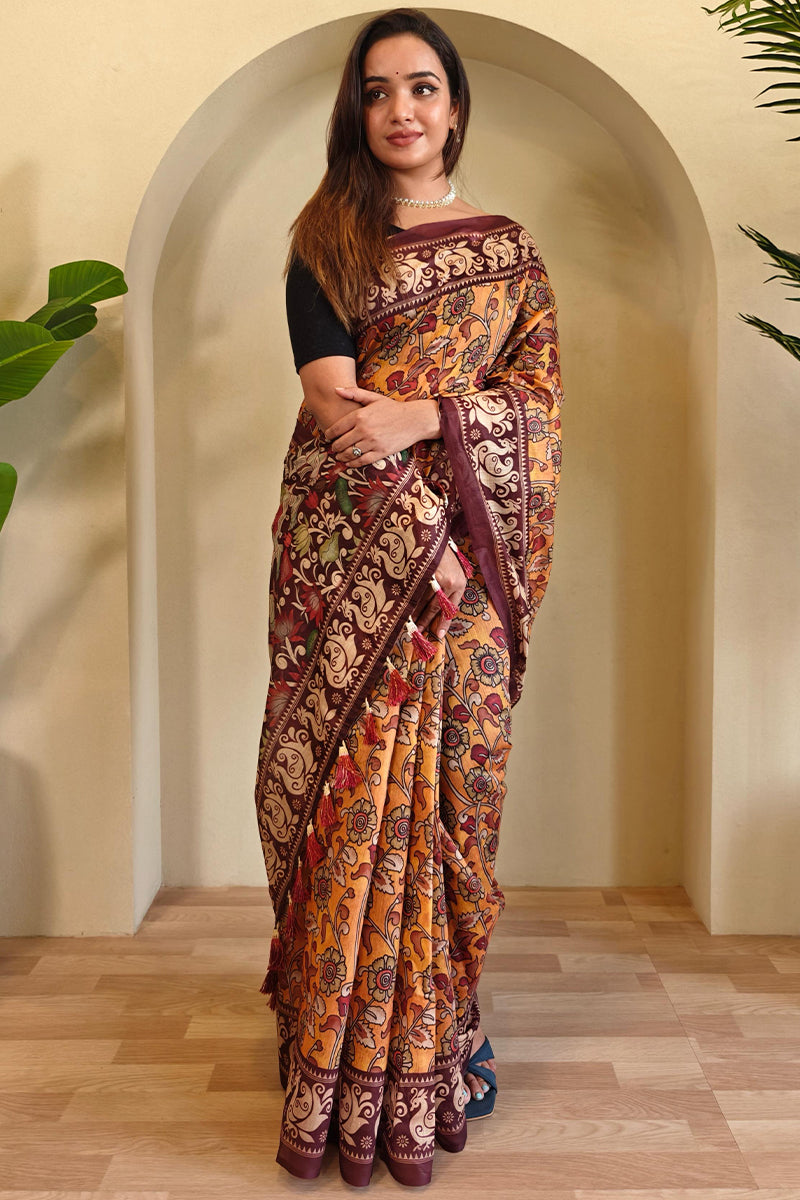 Indian Yellow Kalamkari Printed Chanderi Cotton Saree