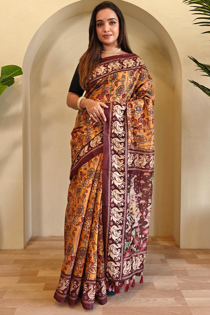 Indian Yellow Kalamkari Printed Chanderi Cotton Saree