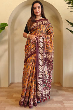 Indian Yellow Kalamkari Printed Chanderi Cotton Saree