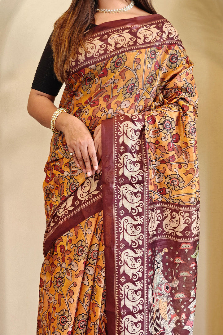 Indian Yellow Kalamkari Printed Chanderi Cotton Saree