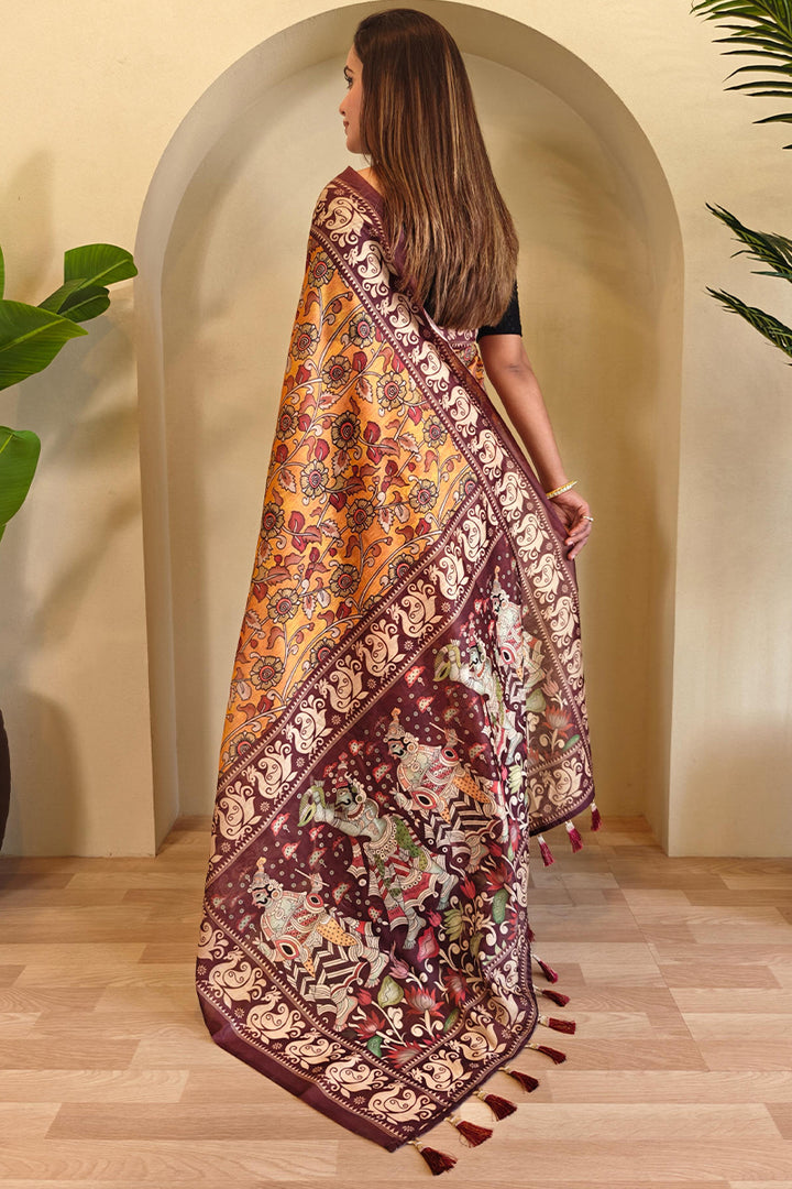 Indian Yellow Kalamkari Printed Chanderi Cotton Saree