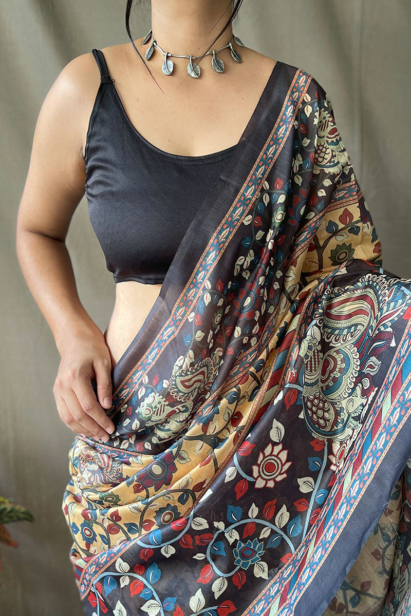 Indian Yellow Kalamkari Printed Cotton Saree