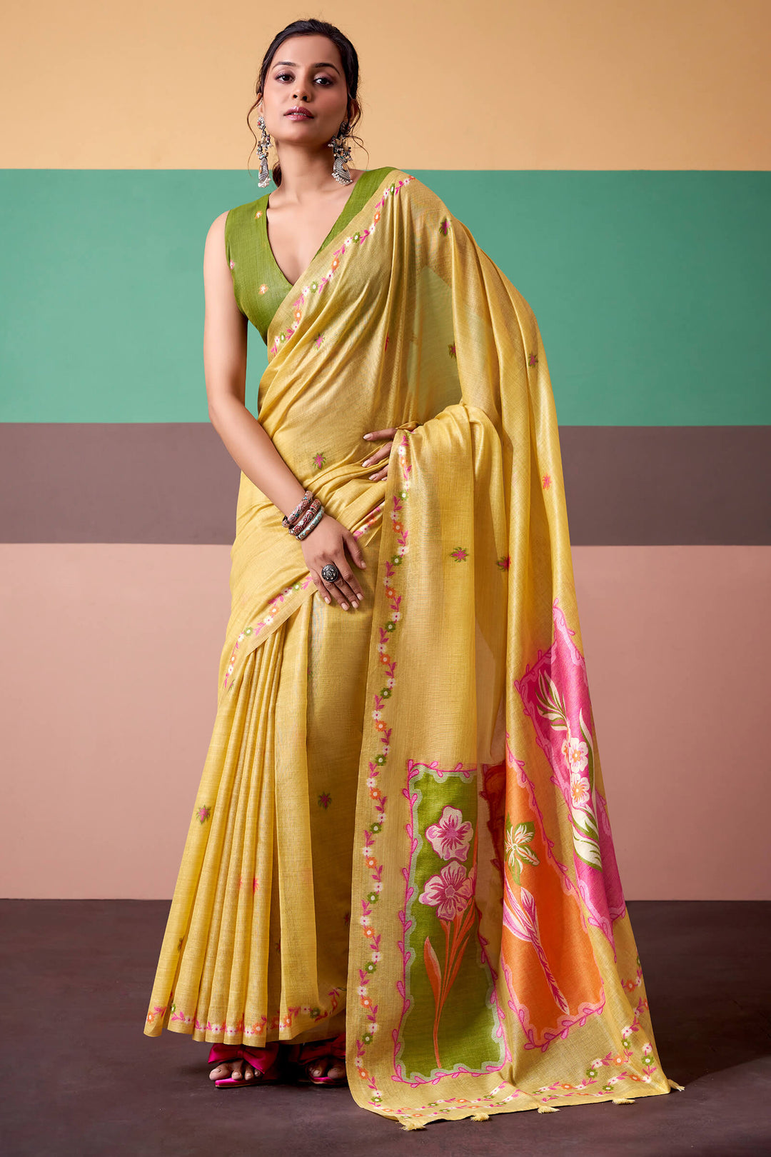 Indian Yellow Munga Cotton Silk Saree
