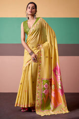 Indian Yellow Munga Cotton Silk Saree