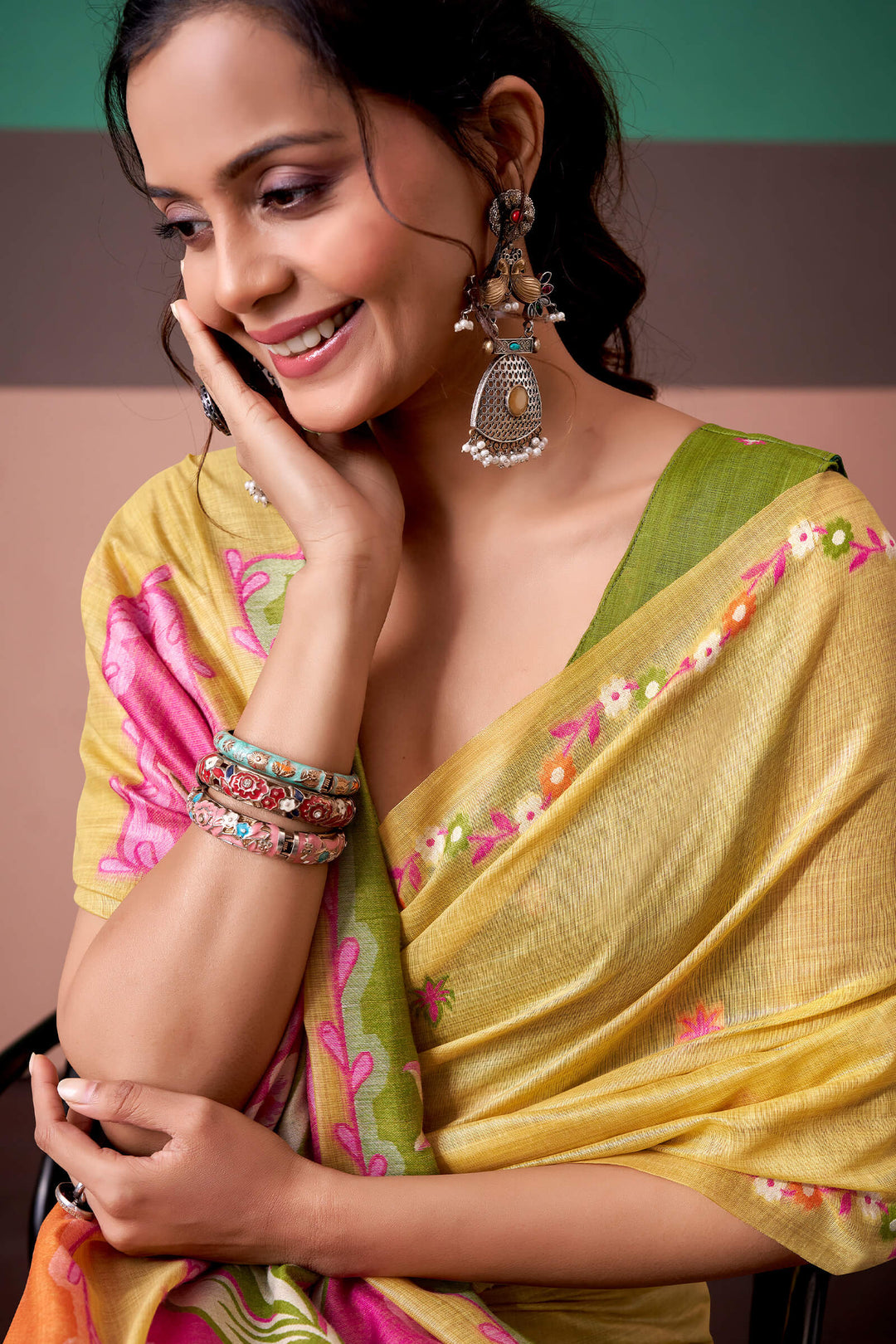 Indian Yellow Munga Cotton Silk Saree