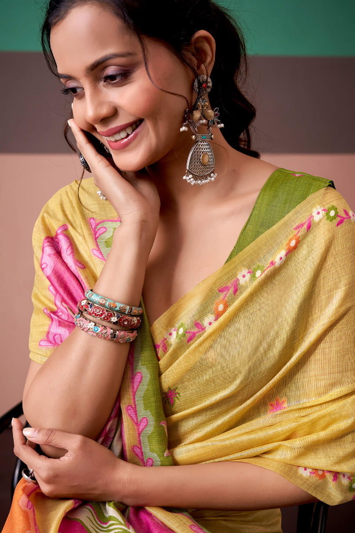 Indian Yellow Munga Cotton Silk Saree
