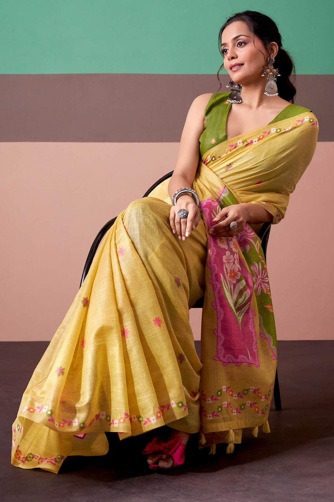 Indian Yellow Munga Cotton Silk Saree