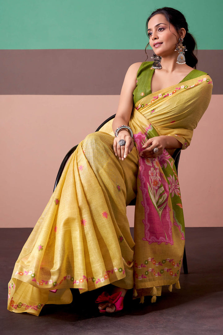 Indian Yellow Munga Cotton Silk Saree