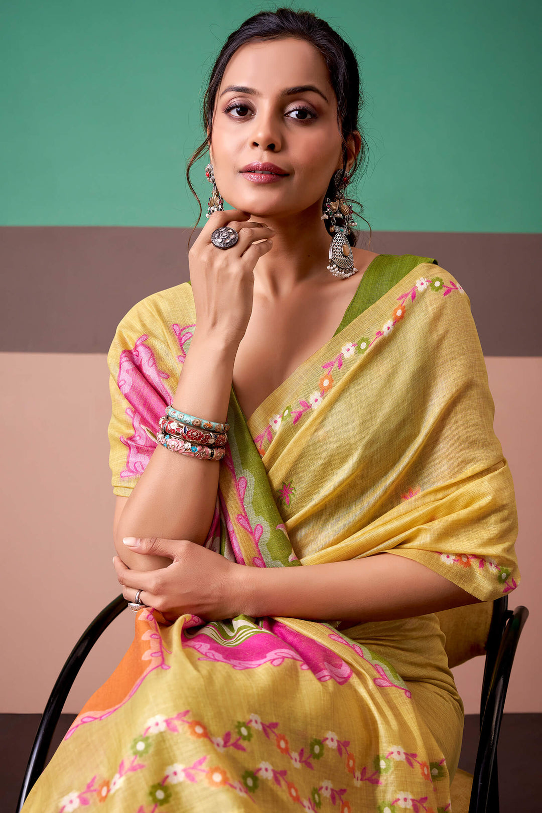 Indian Yellow Munga Cotton Silk Saree