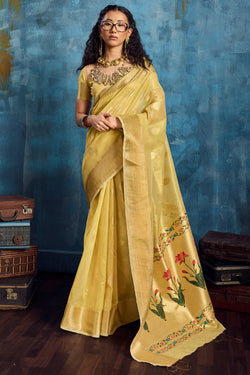 Indian Yellow Paithani Tissue Silk Saree