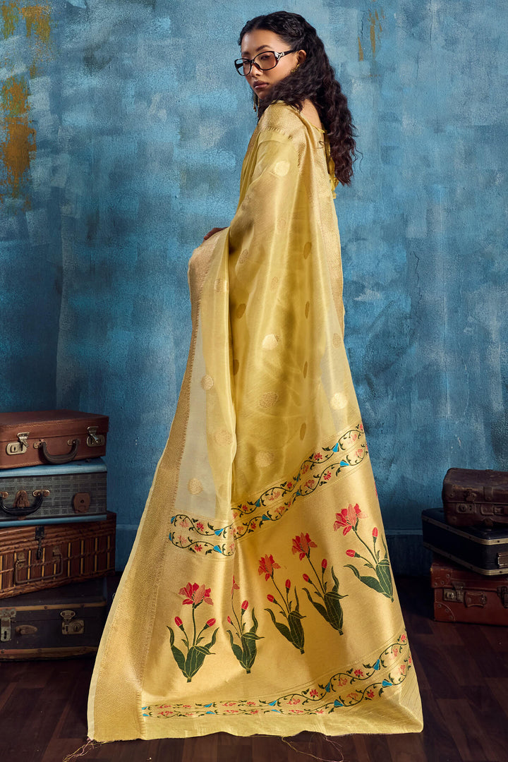 Indian Yellow Paithani Tissue Silk Saree