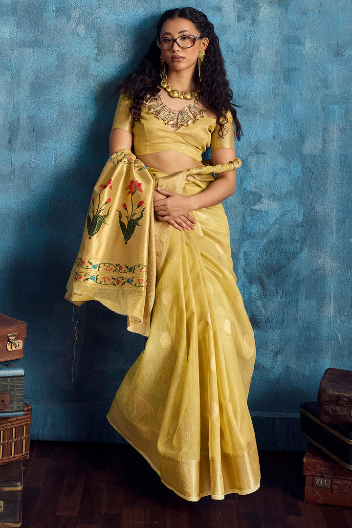 Indian Yellow Paithani Tissue Silk Saree