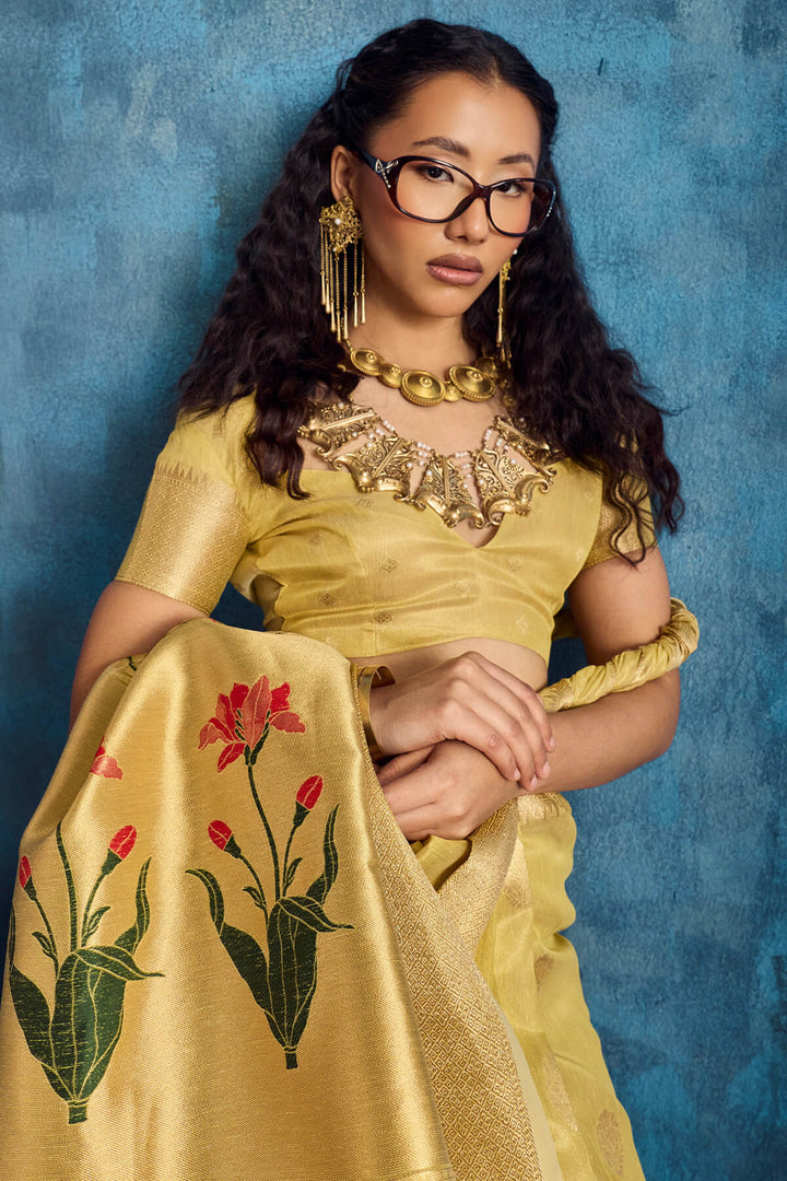 Indian Yellow Paithani Tissue Silk Saree