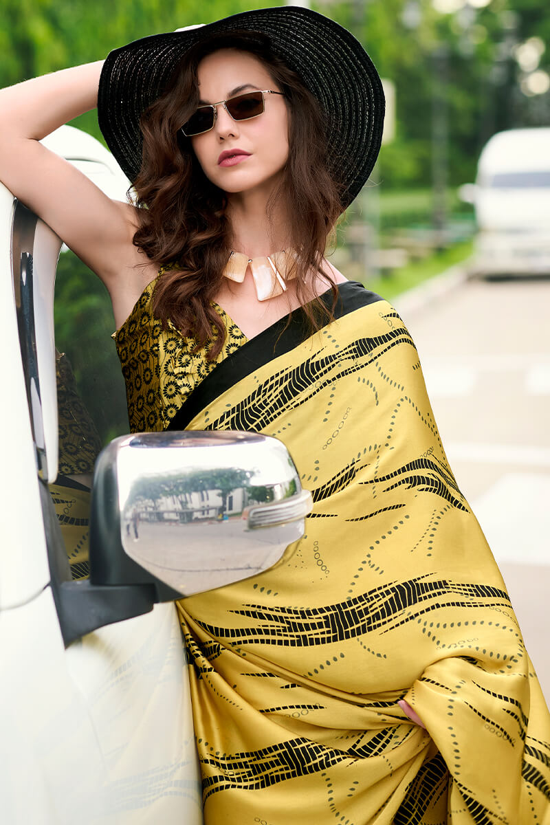 Indian Yellow Printed Satin Crape Silk Saree