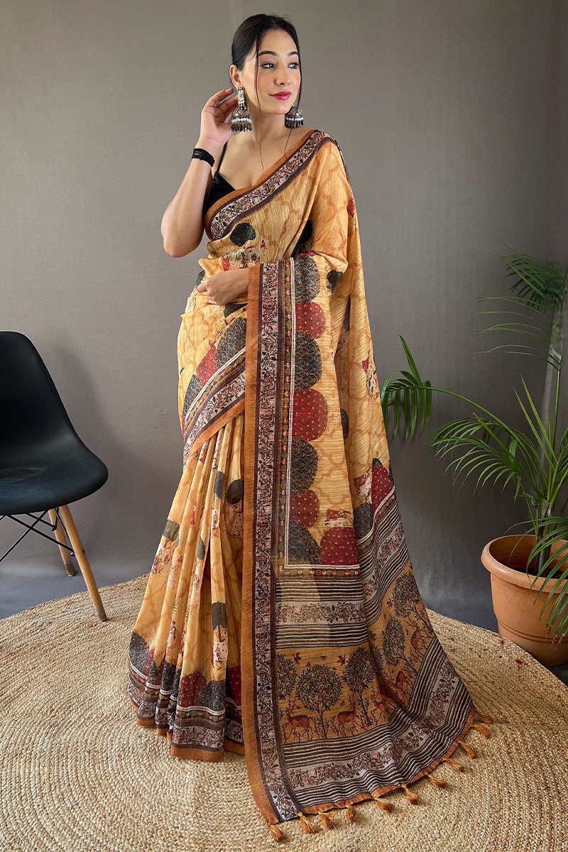 Indian Yellow Printed Tussar Silk Saree