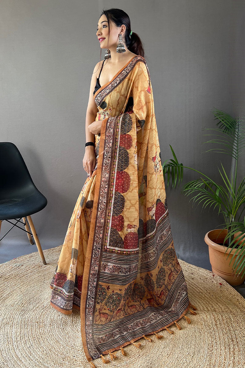 Indian Yellow Printed Tussar Silk Saree