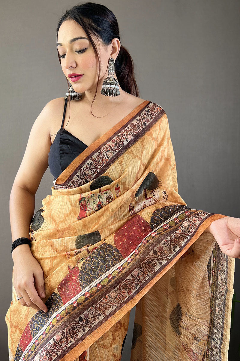 Indian Yellow Printed Tussar Silk Saree