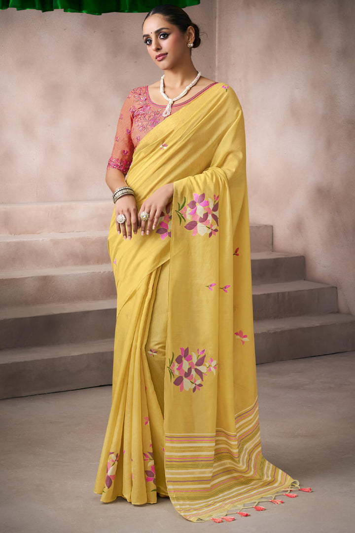Indian Yellow Viscose Cotton Silk Saree with Embroidery Blouse