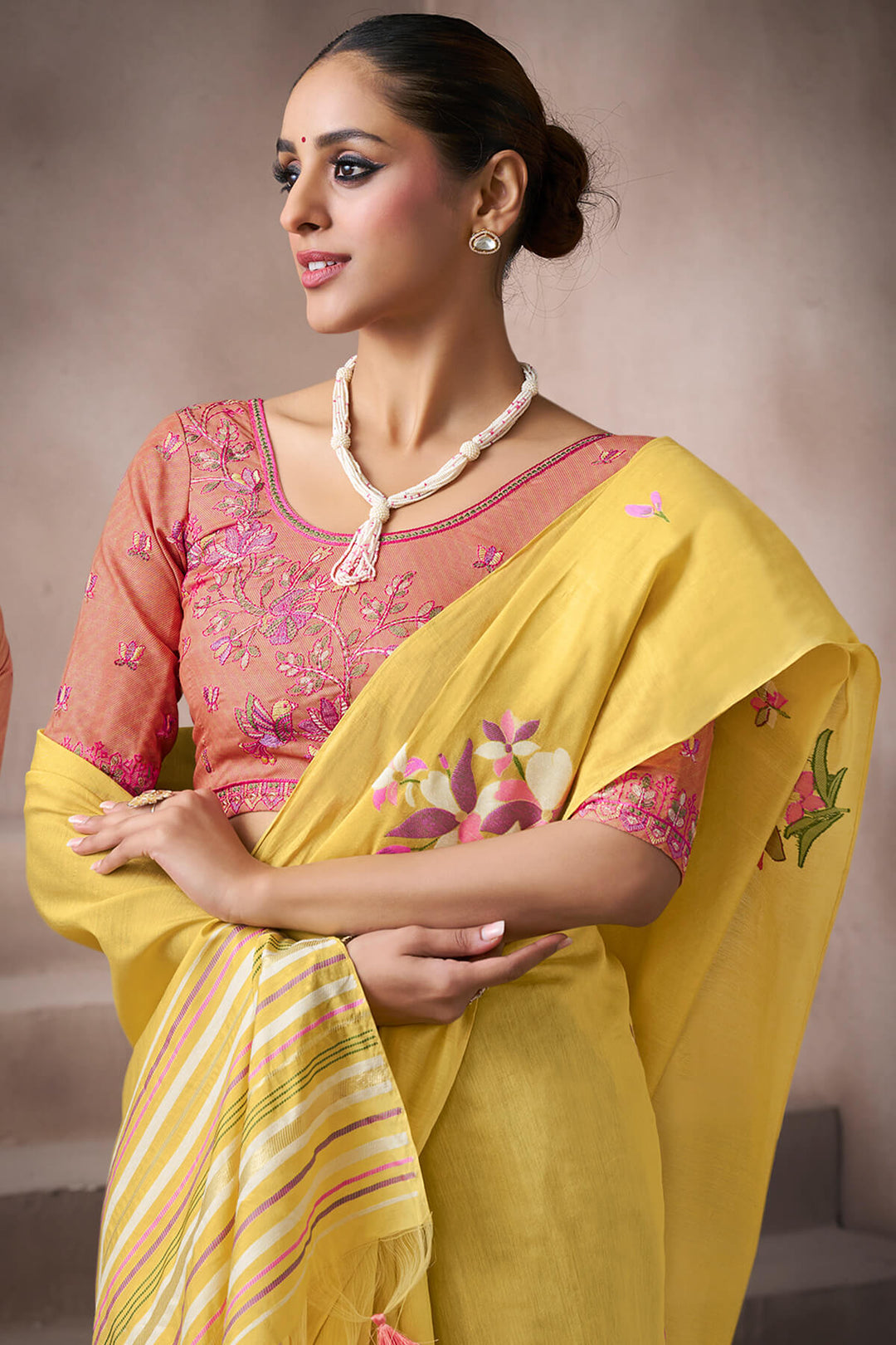 Indian Yellow Viscose Cotton Silk Saree with Embroidery Blouse