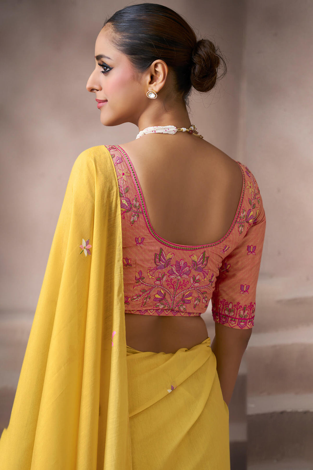 Indian Yellow Viscose Cotton Silk Saree with Embroidery Blouse
