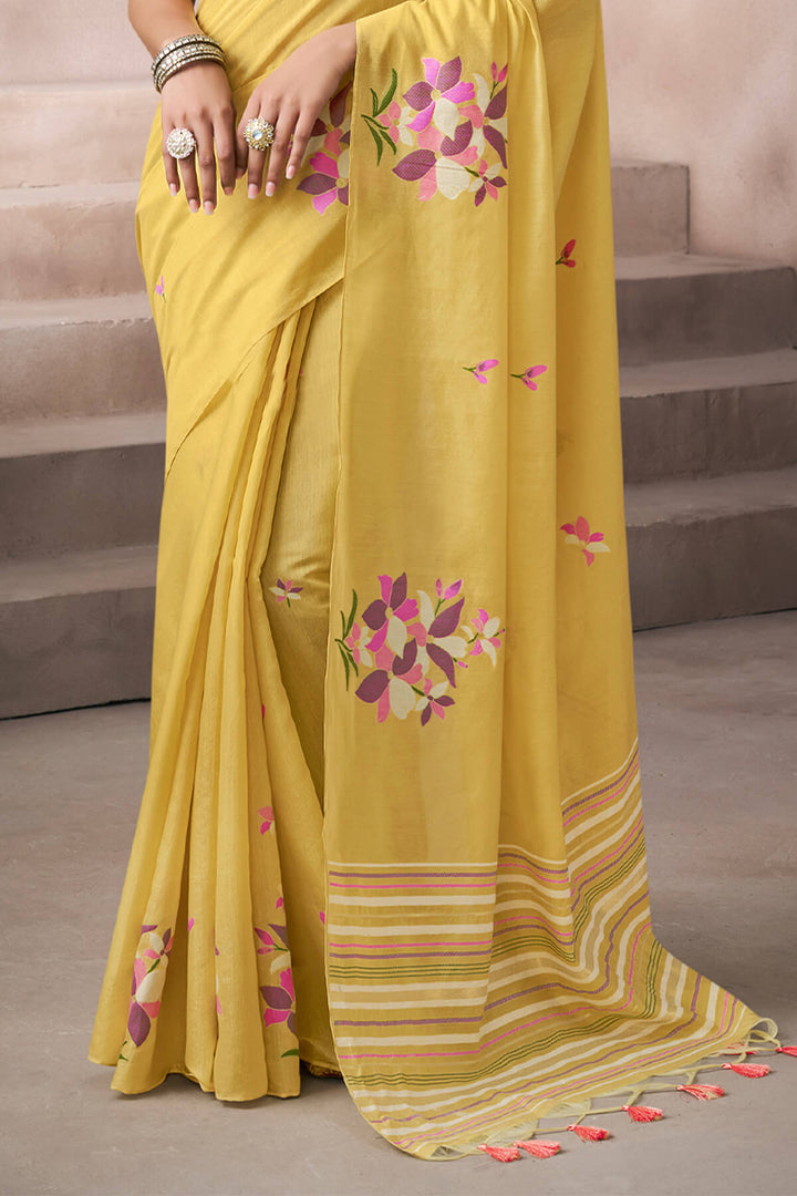 Indian Yellow Viscose Cotton Silk Saree with Embroidery Blouse