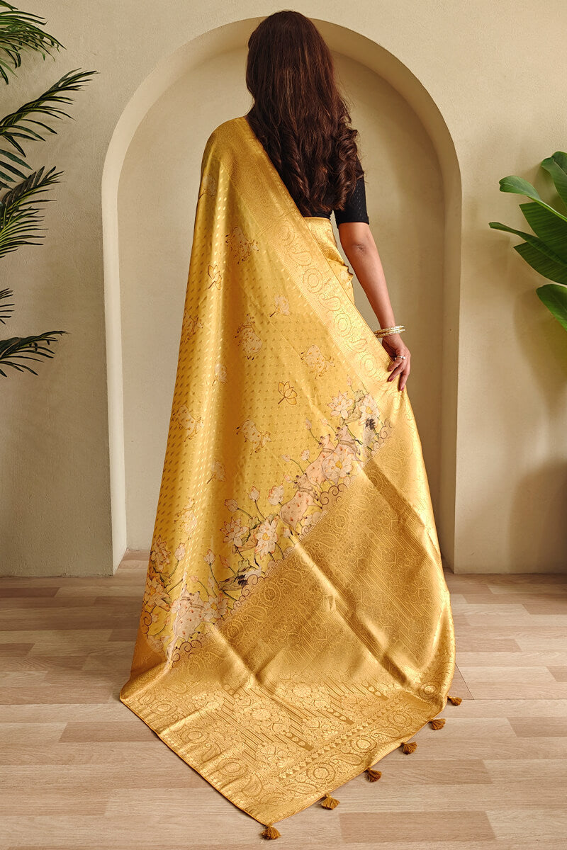 Indian Yellow Viscose Georgette Printed Banarasi Silk saree