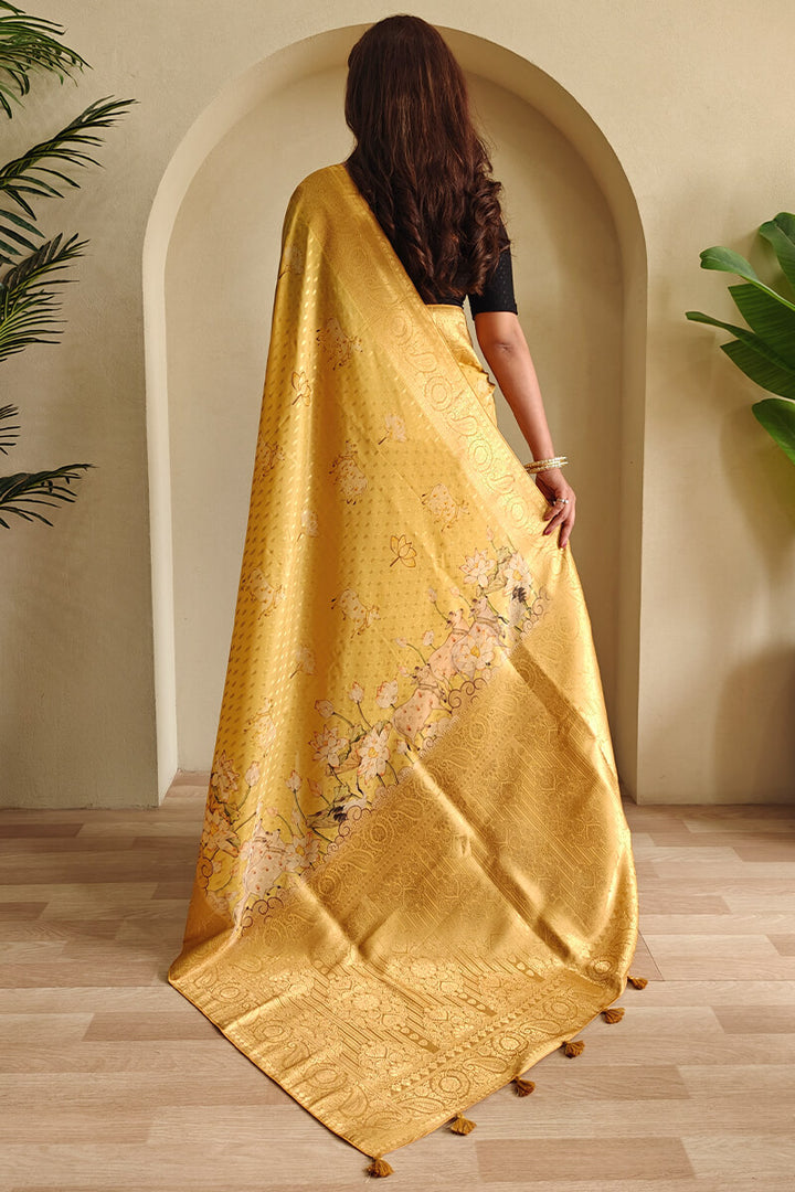 Indian Yellow Viscose Georgette Printed Banarasi Silk saree