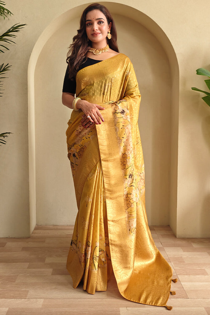 Indian Yellow Viscose Georgette Printed Banarasi Silk saree