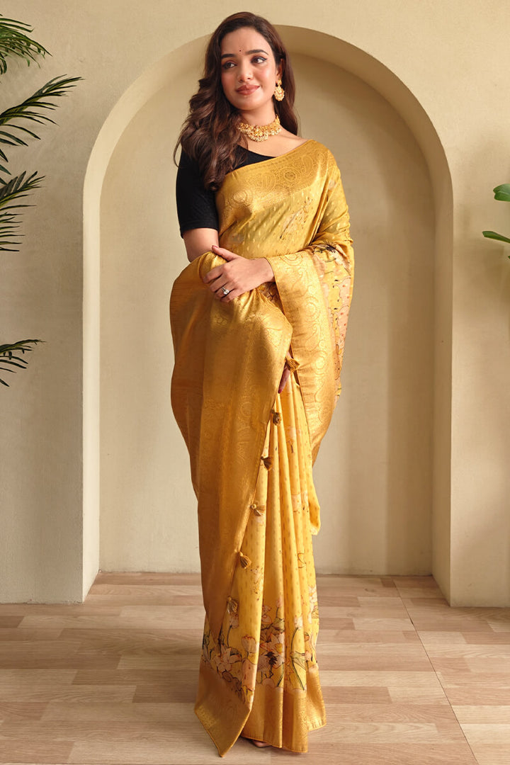 Indian Yellow Viscose Georgette Printed Banarasi Silk saree