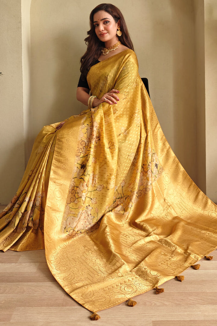 Indian Yellow Viscose Georgette Printed Banarasi Silk saree